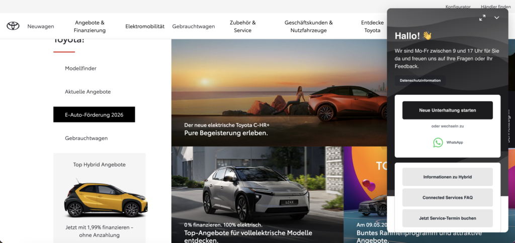 Live chat interface on a website with a car background