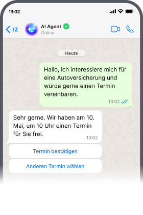 A phone screen displaying a chat interface with an AI agent, showing a conversation in German about scheduling an appointment for car insurance.