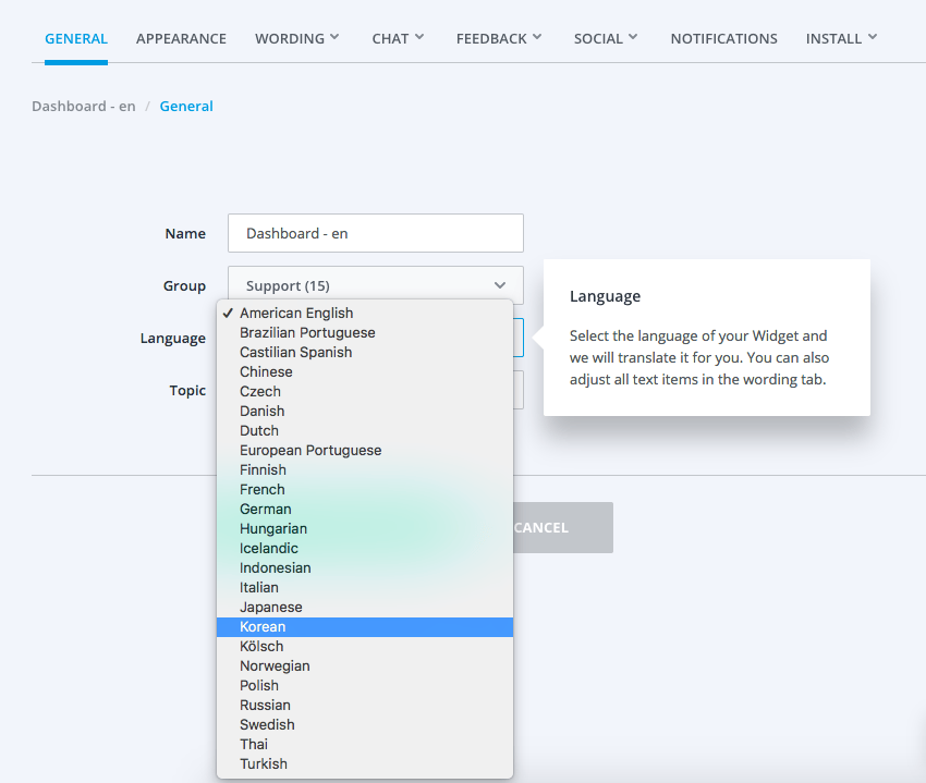 The widget editor showing the different languages you can select.
