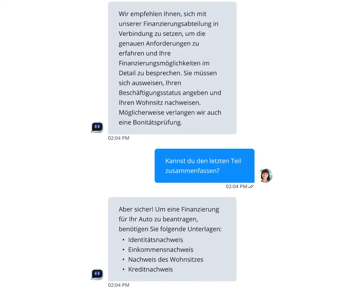 Chatbot fasst die Nachricht zusammen