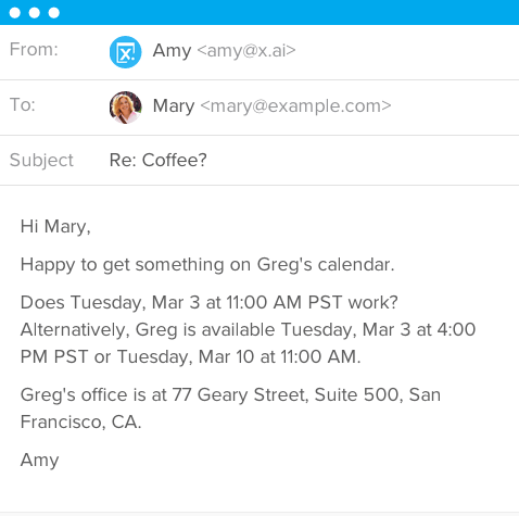 Screenshot of an email sent by the Amy chatbot