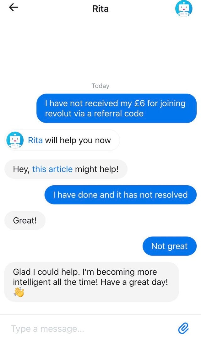 Screenshot of a chatbot failing to understand a user's messages