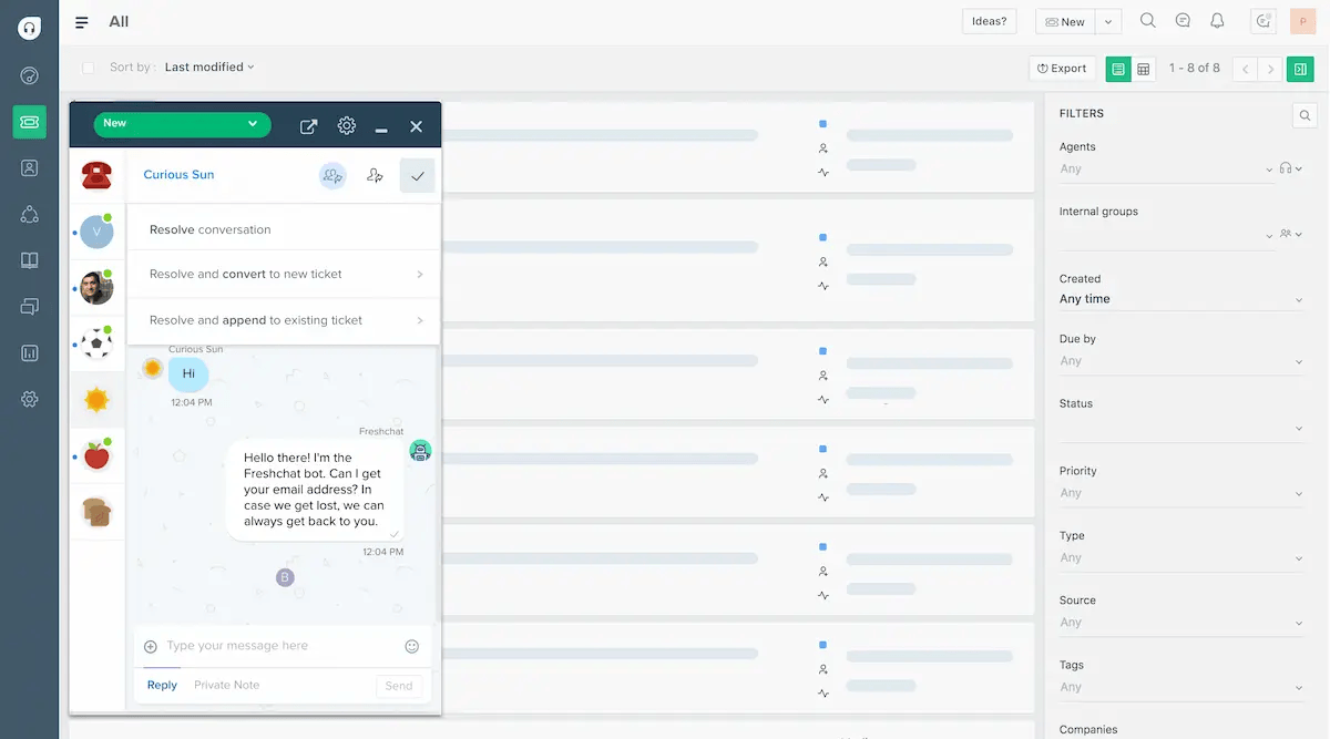 Captura de pantalla de la bandeja de entrada de mensajes de Freshdesk