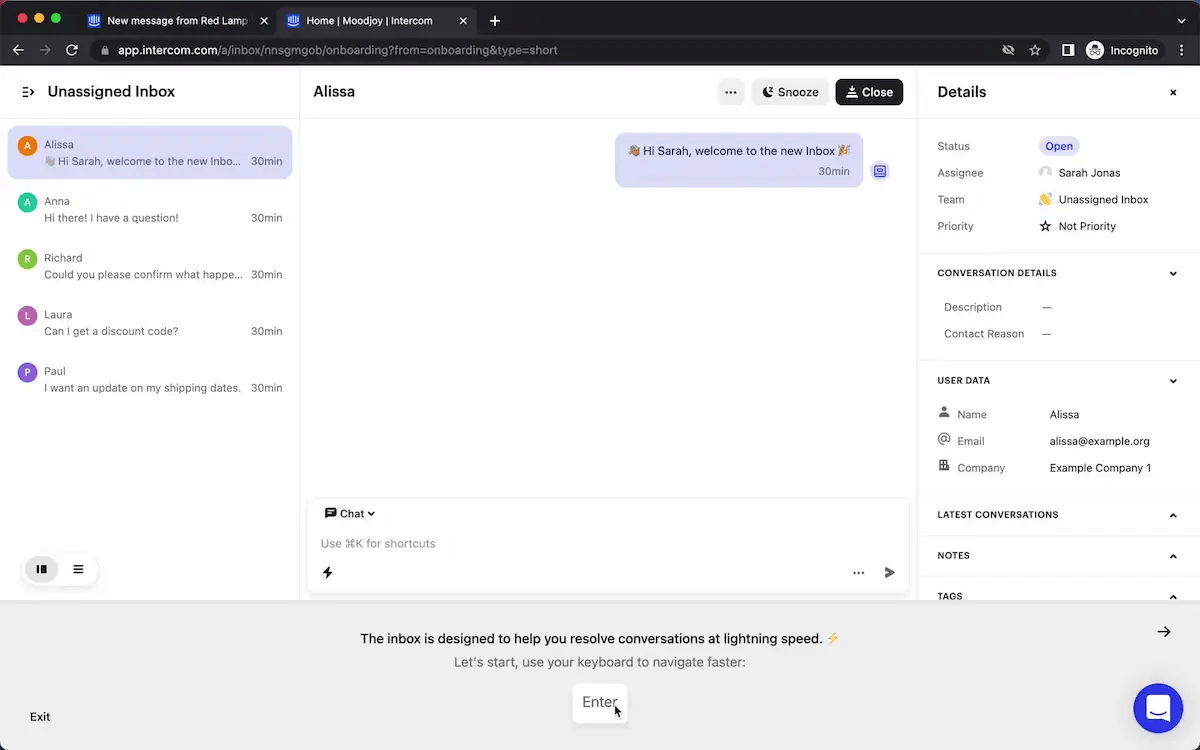 Captura de pantalla de la bandeja de entrada de mensajes de clientes de Intercom