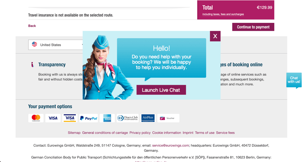 Capture d'écran du mode proactif de la page d'accueil d'Eurowings