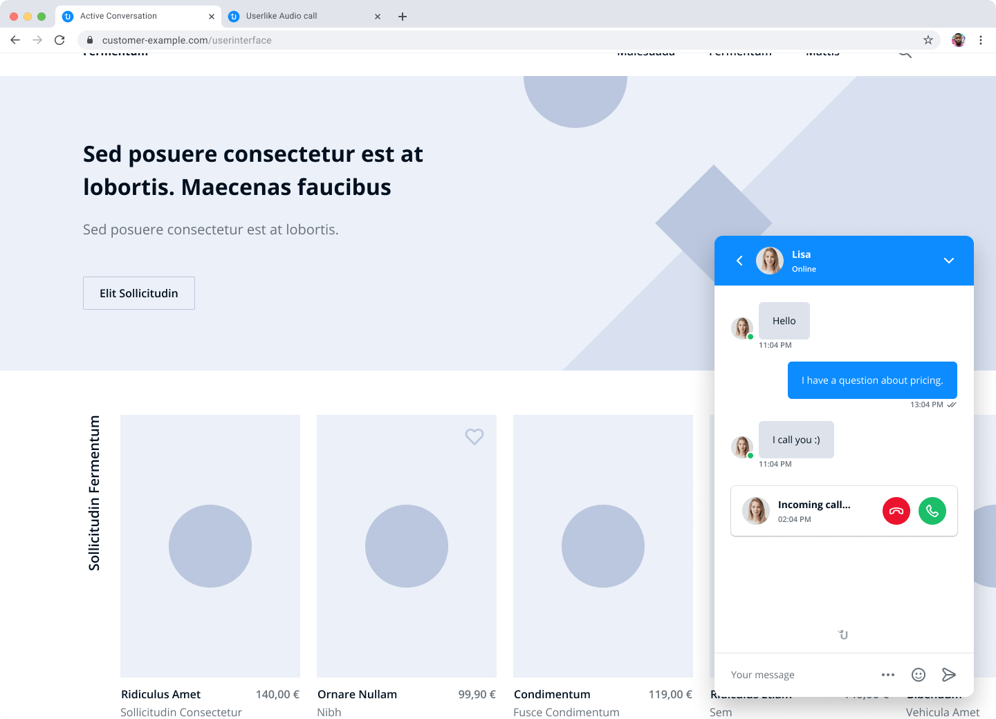 ine Einladung zum Audio-Anrufe im Website Messenger.