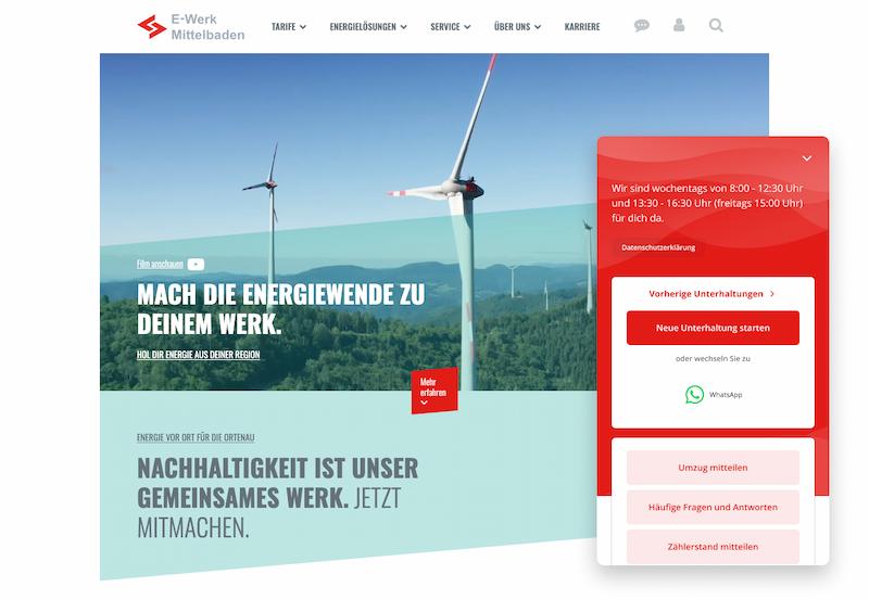 Bild der Website von E-Werk Mittelbaden mit Userlikes Website Messenger