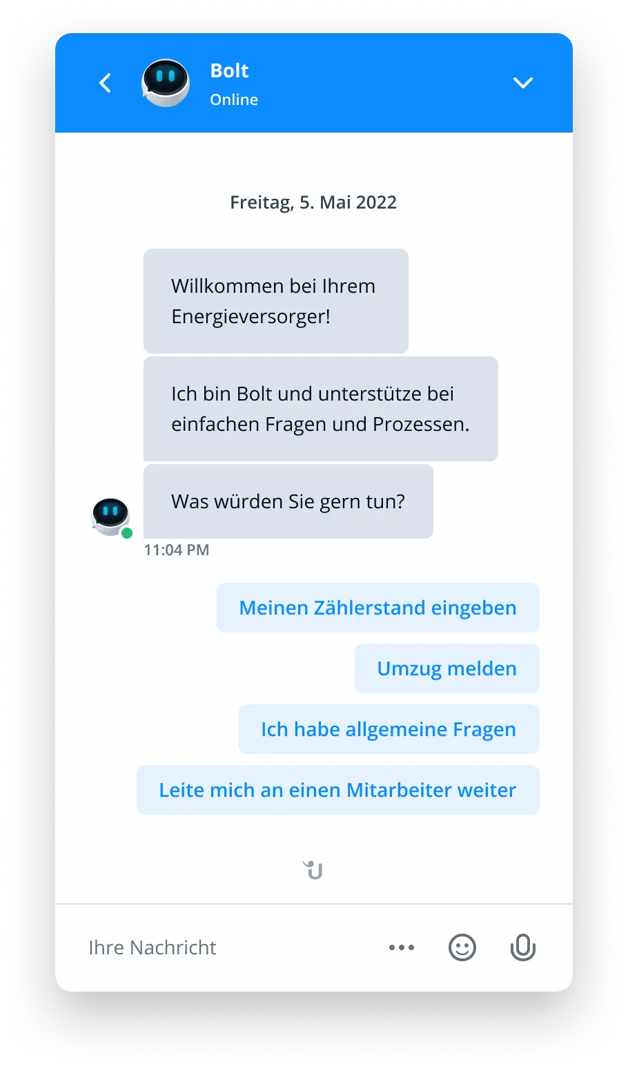 Chatbot-Unterhaltung mit Energieversorger-Bot.
