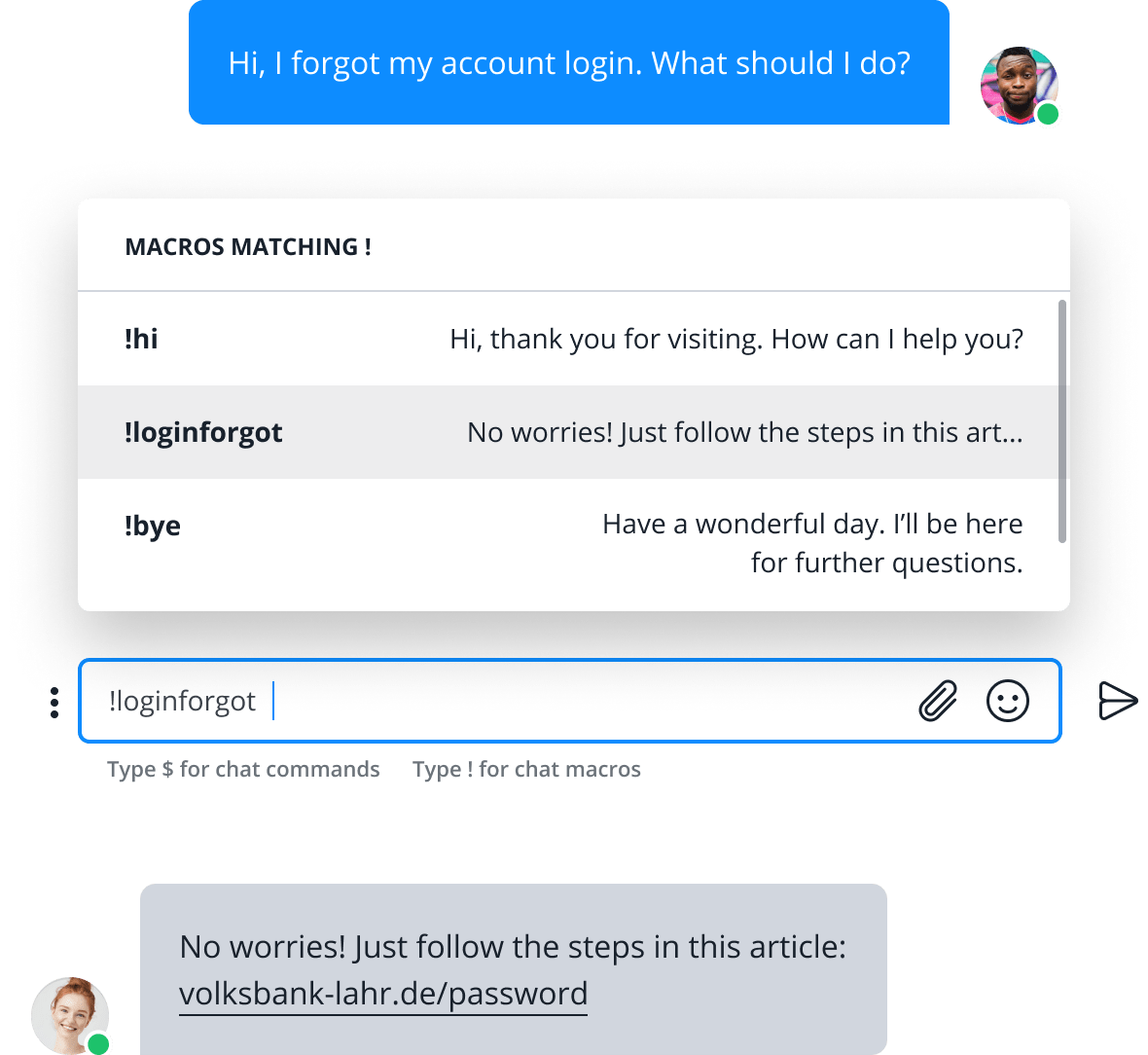 an illustration of a set of chat macros that allow for fast replies