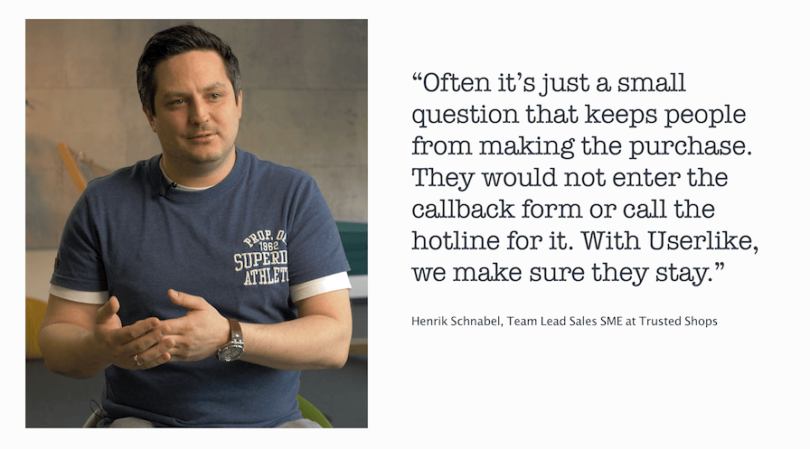 A photo of the Sales representative at Trusted Shops and his quote on the benefits of live chat