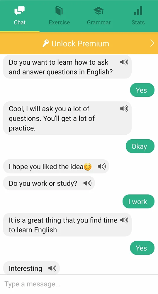 Captura de pantalla de una simple conversación en inglés con Andy