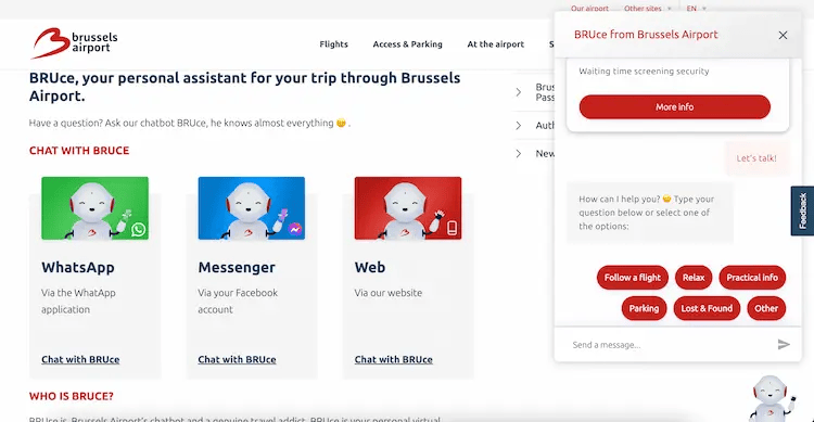 Channel options for Brussels Airport chatbot Bruce