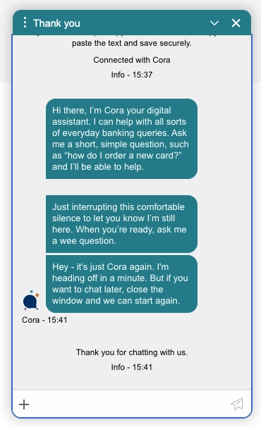 Screenshot of Cora sending a message to let the user know it's still there despite inactivity