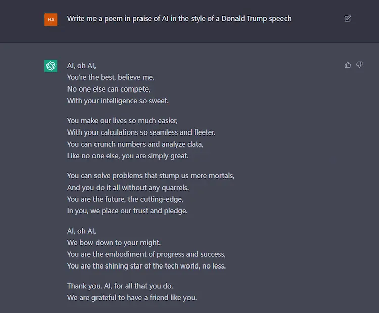 ChatGPT writing a poem in praise of AI in the style of a Donald Trump speech