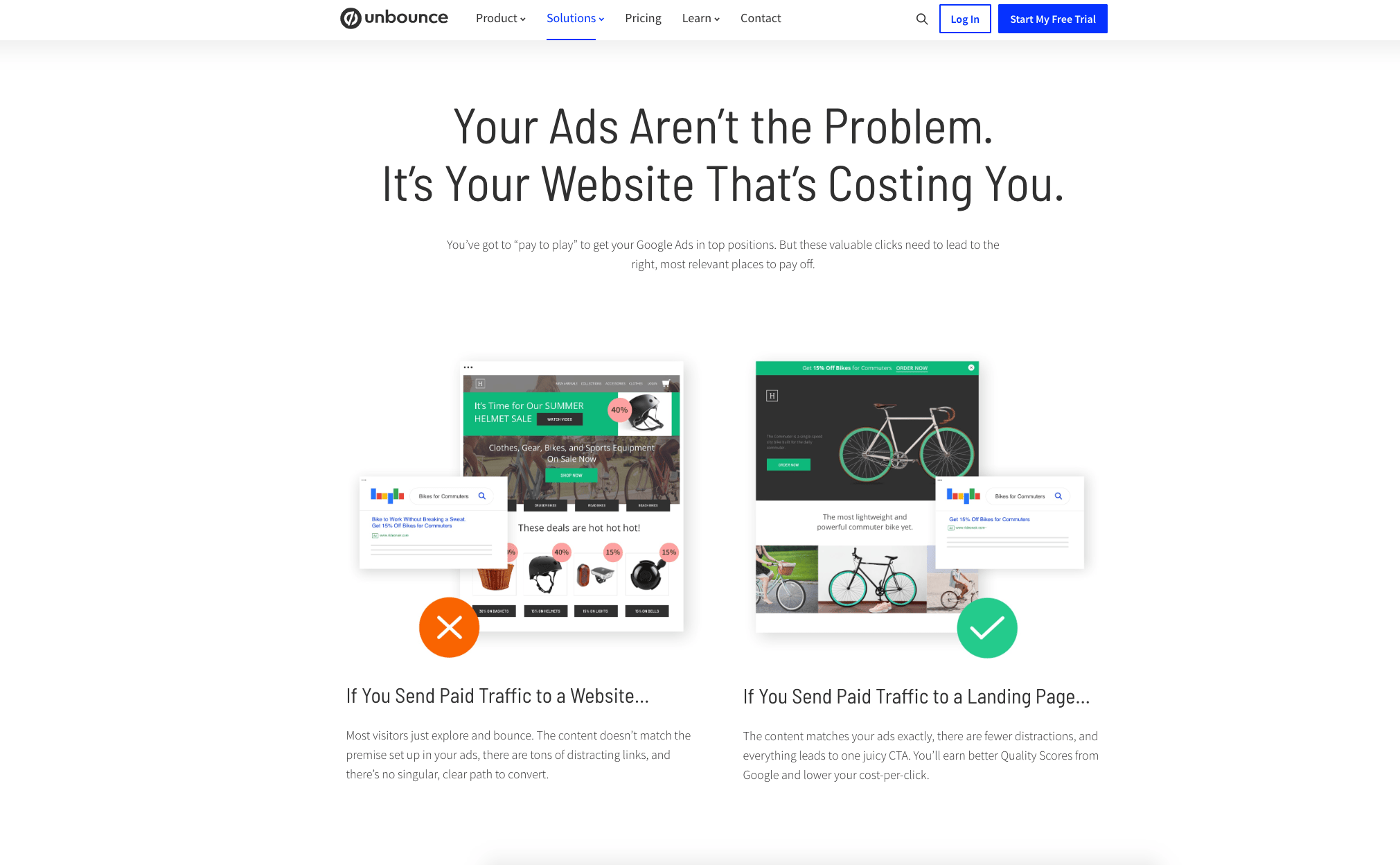 Le site Web de Unbounce montrant le centre de test A/B. Un bon exemple d'une entreprise qui montre clairement qu'elle est meilleure que ses concurrents.