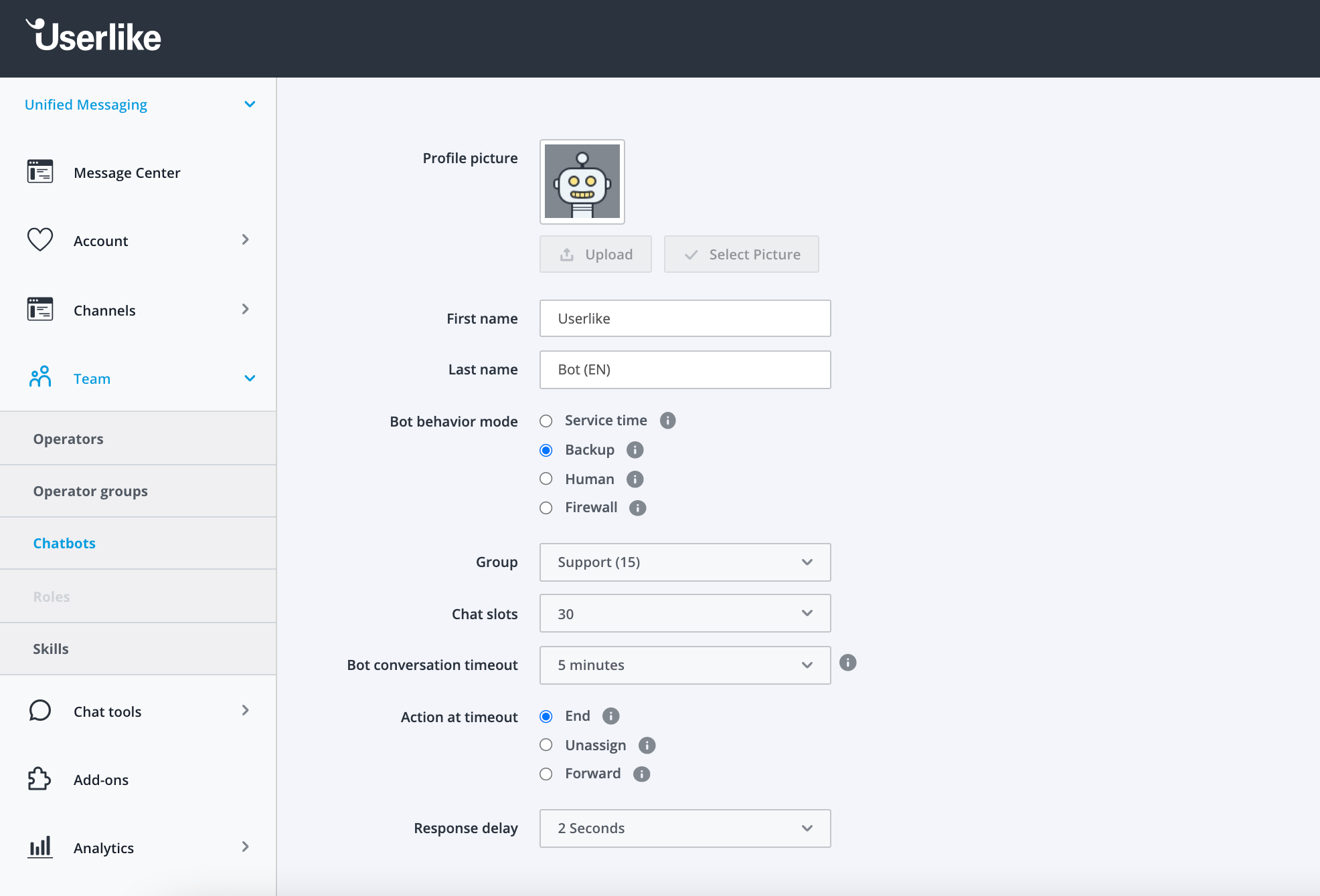 screenshot of bot modes section in userlike dashboard