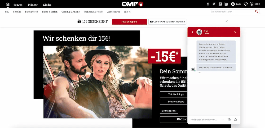 Screenshot der EMP Website mit Userlike Live Chat und eine Konversation mit KI-Chatbot KAI