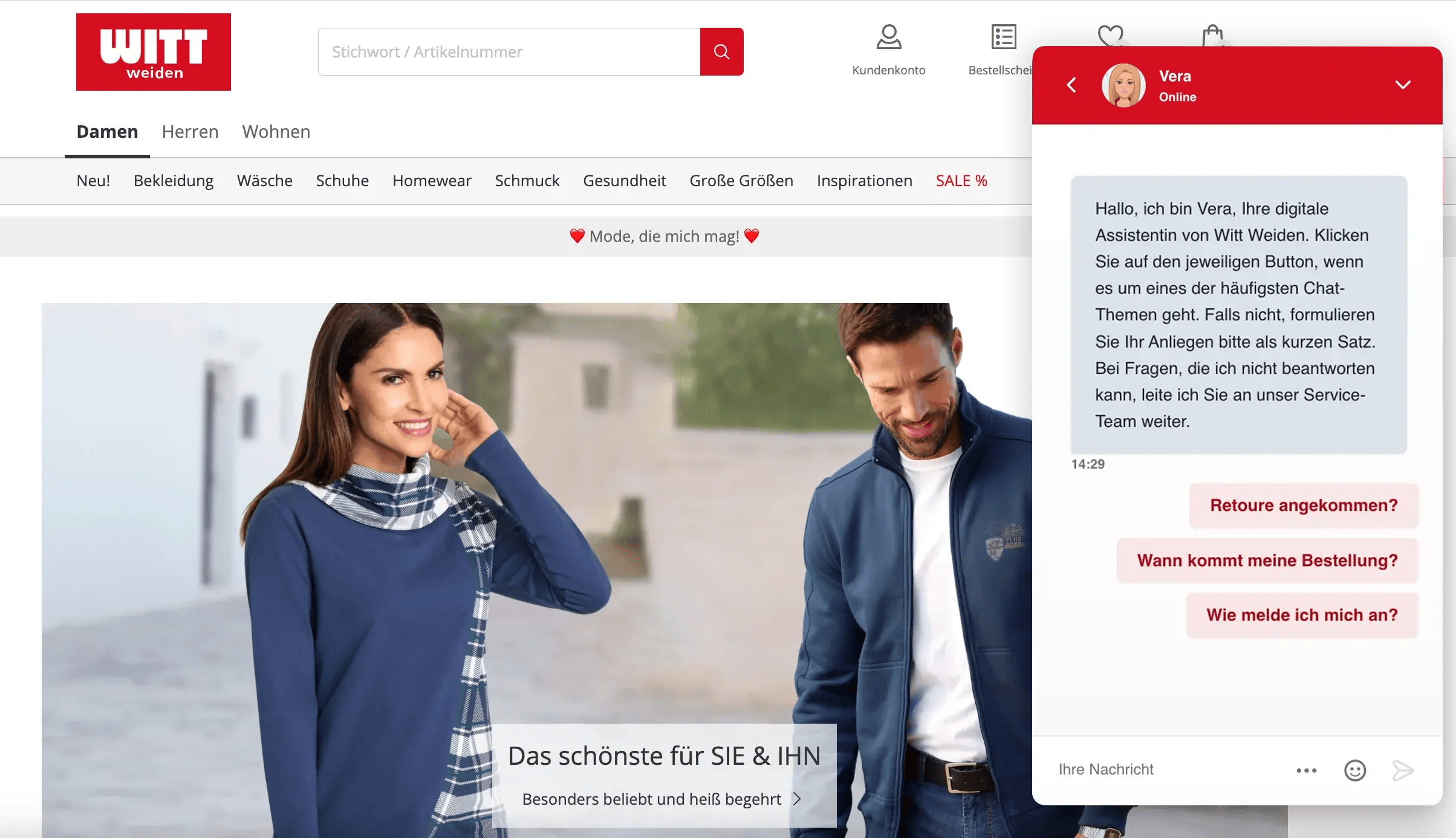 Witt Weiden Website mit Userlike Live Chat und Chatbot Vera