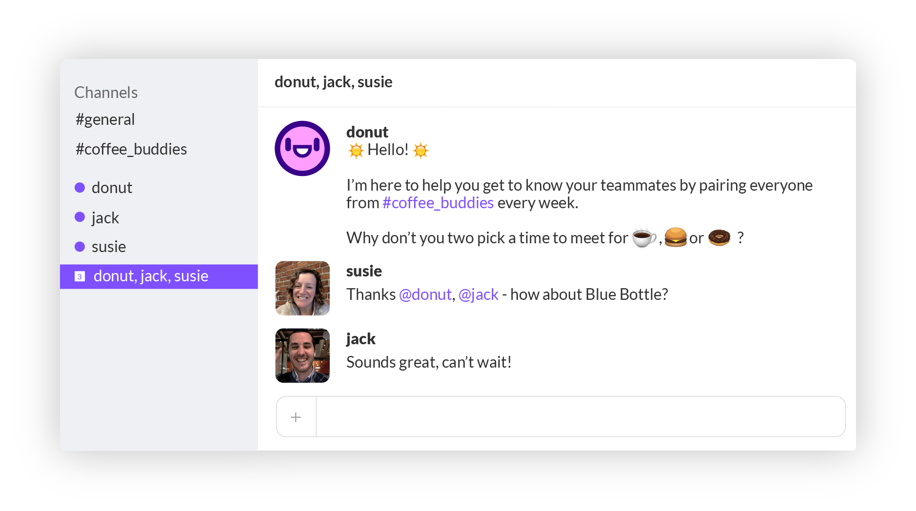 screenshot of donut channel on Slack.