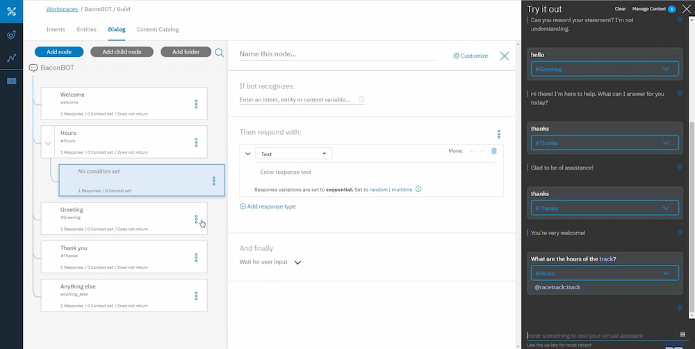 screenshot of ibm watson's workspace