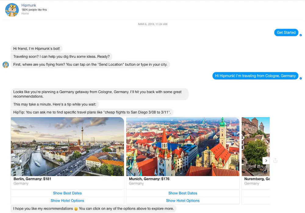 Hipmunk assisting with a travel search on Facebook Messenger