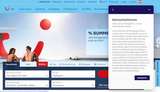Screenshot von TUIs Chatfenster mit Chatbot-Funktion