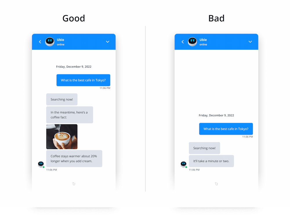 Chatbot shares a coffee fact while it retrieves information for user