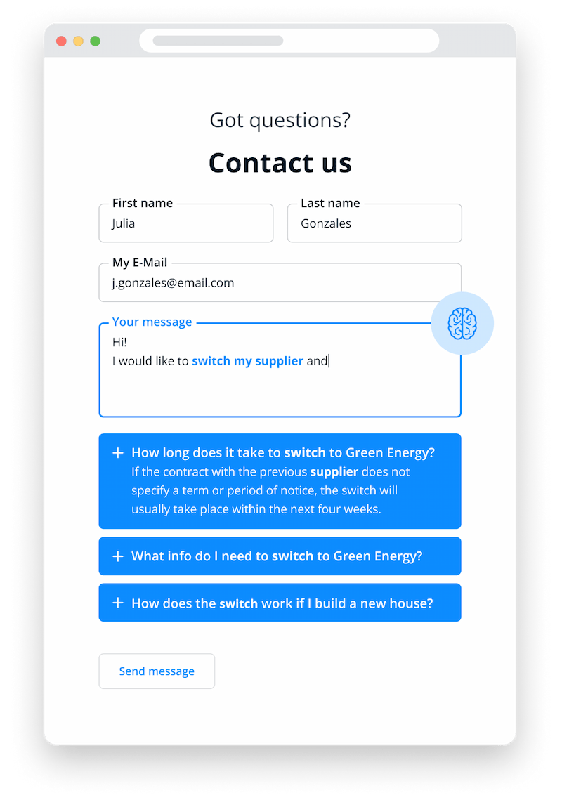 Userlike's smart contact form auto predicts an answer to the user's question as they type