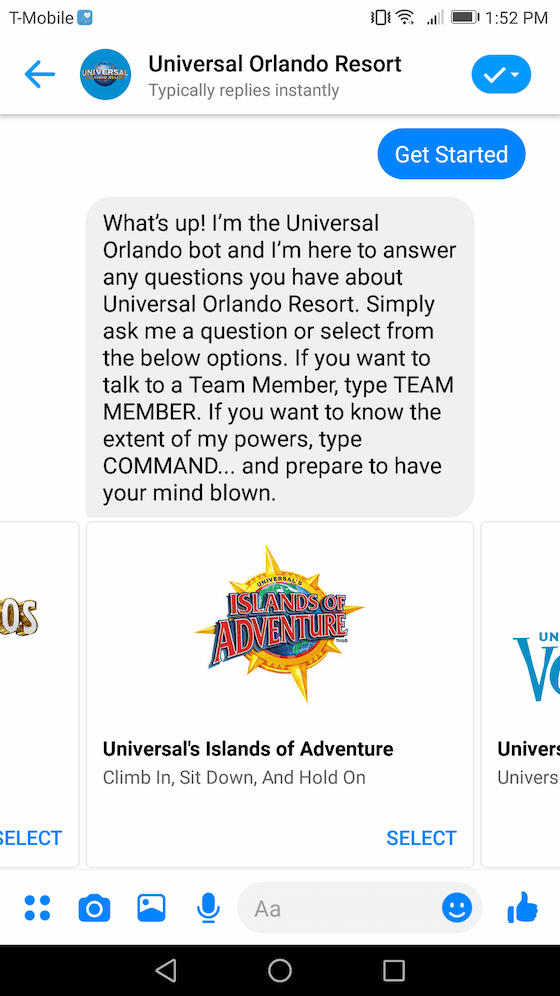 Universal Orlando Resort chatbot sharing user command options