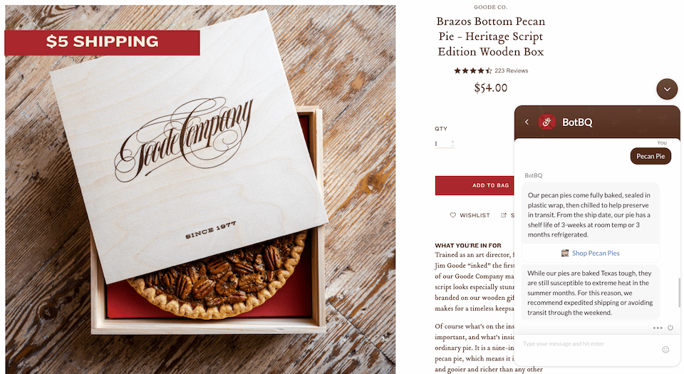 Restaurant chatbot explains how their freshly baked pies are shipped