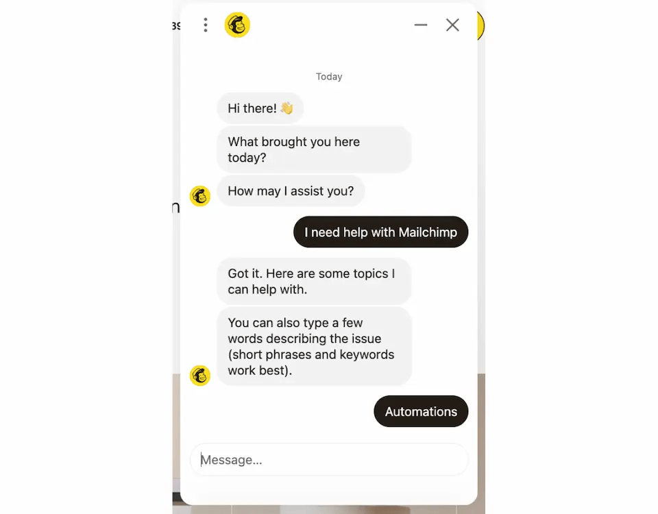 Email marketing chatbot asks what topic a customer needs help with