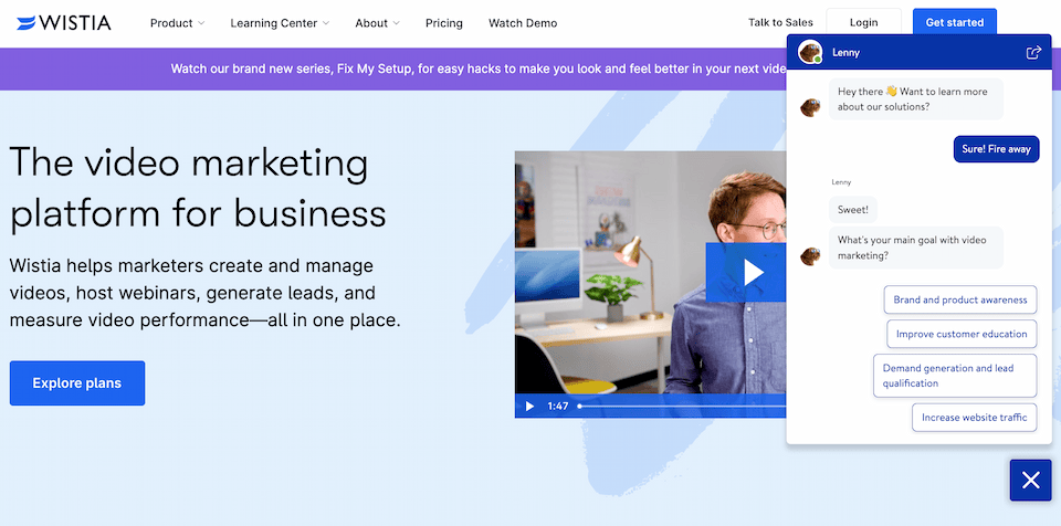 Video marketing chatbot offers to teach customer more about the company's software solution