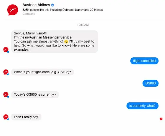 Unhelpful conversation with the Austrian Airlines bot