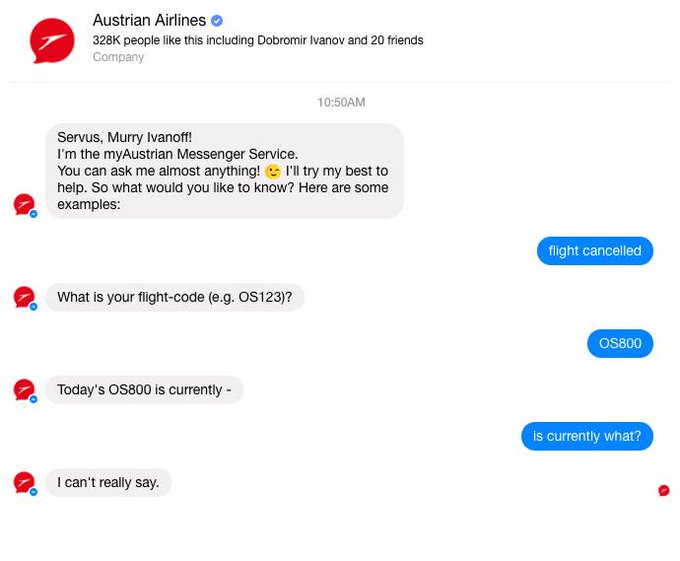 Screenshot con il chatbot di Austrian Airlines