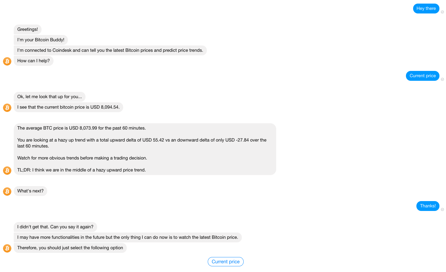 Una chat che mostra risposte corte da parte del chatbot