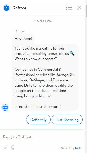 Large amount of welcome text from the drift chatbot