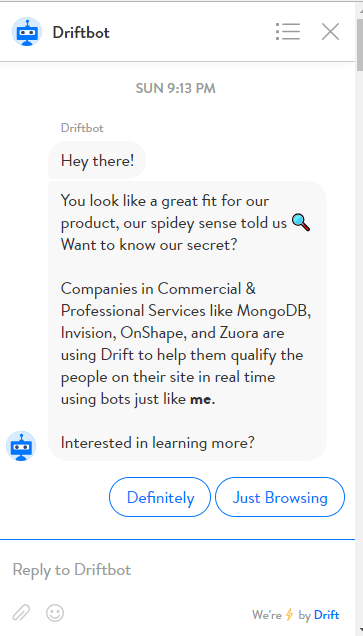 Uno screenshot che mostra una chat con il bot di drift