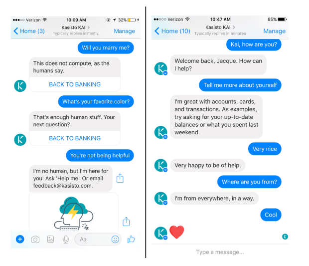 Uno screenshot che mostra una conversazione del bot di Kasisto Kai