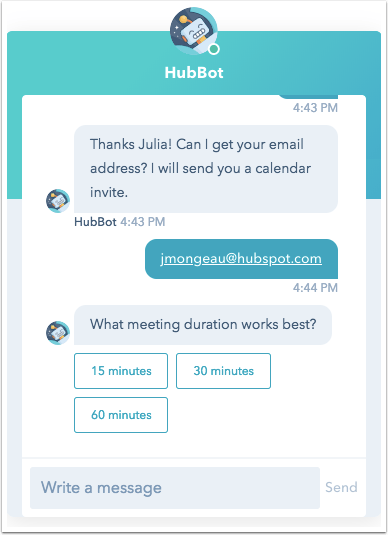 Uno screenshot che mostra le domande del chatbot per poter pianificare un appuntamento