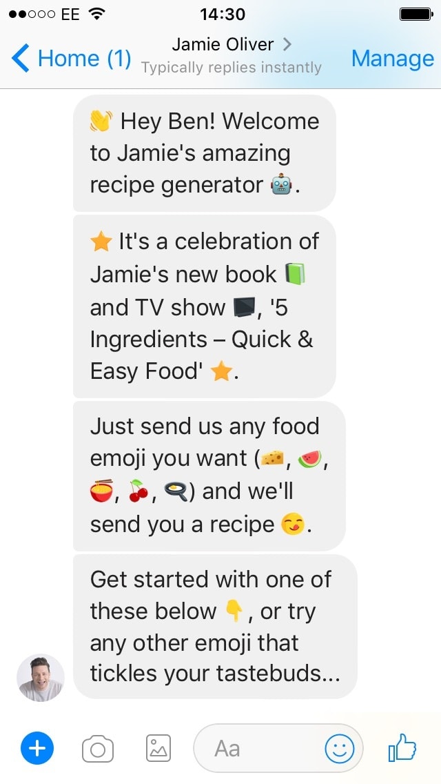 Immagine mostra una chat di Jamie Oliver con tanti emoji.