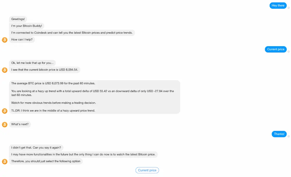 Conversation with bitcoin in which it only shares the current bitcoin price