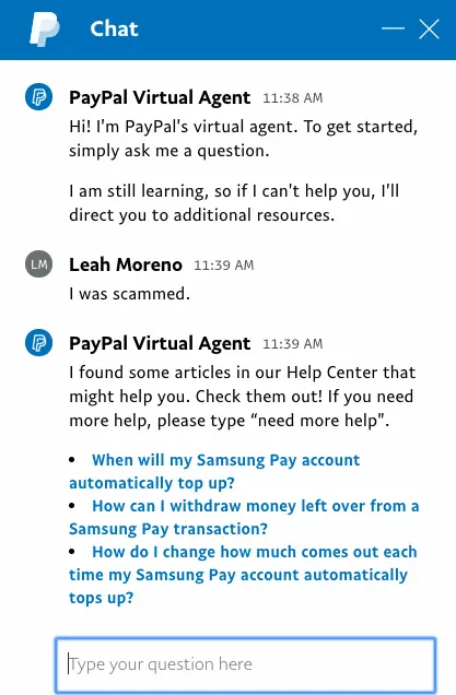 Paypal virtual agent misunderstanding question and suggesting irrelevant FAQ articles