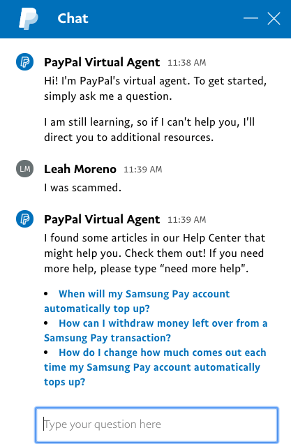 Uno screenshot del agente virtuale di paypal.