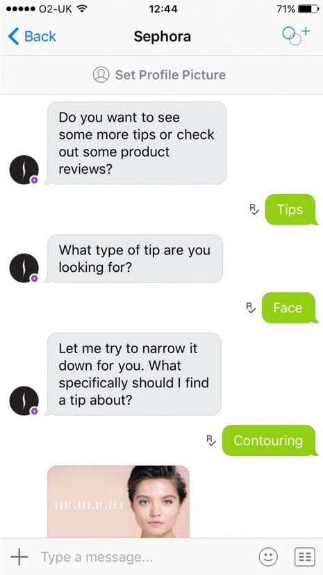 uno screenshot che mostra la chat con il bot di sephora