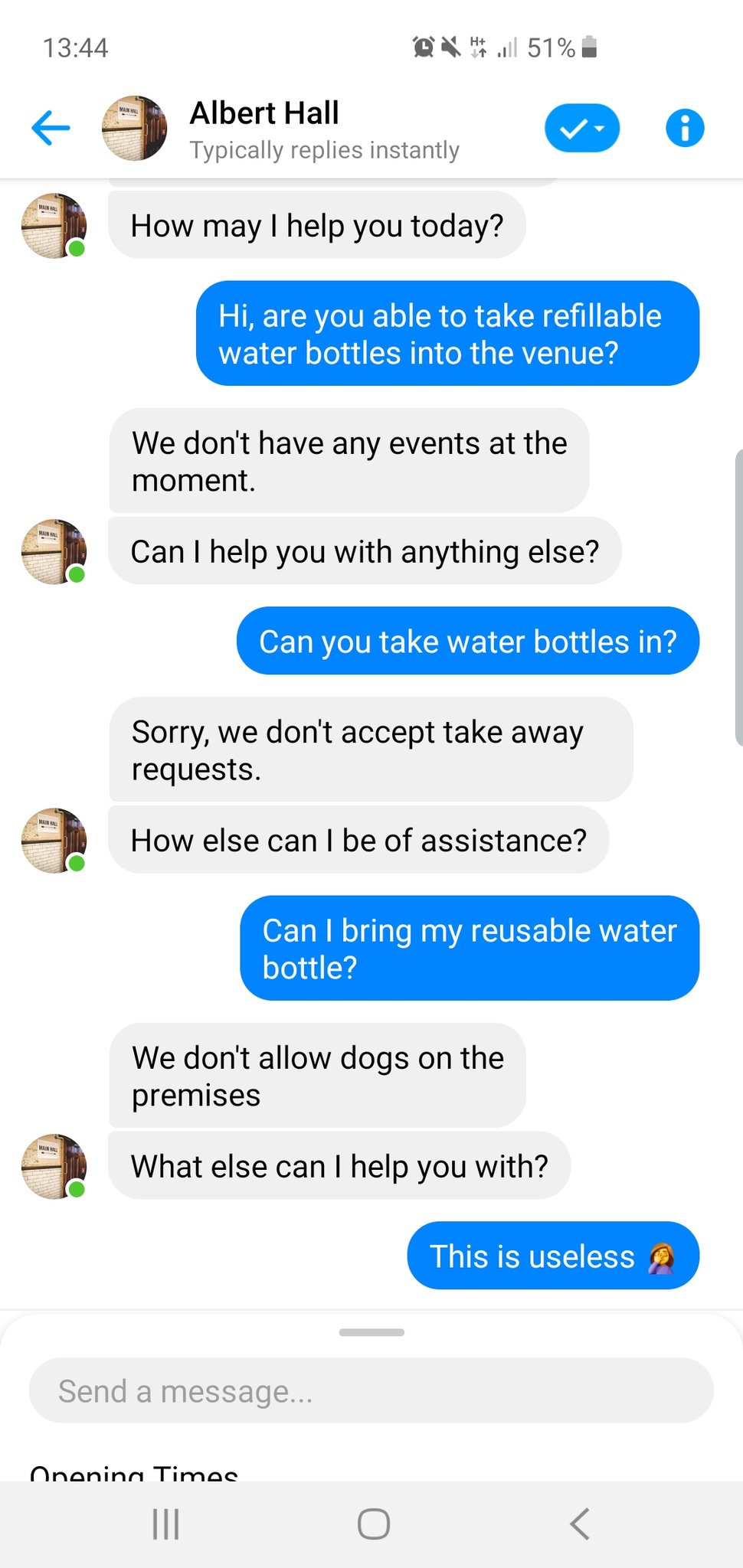 Uno screenshot che mostra la chat con il chatbot dell’albert Hall
