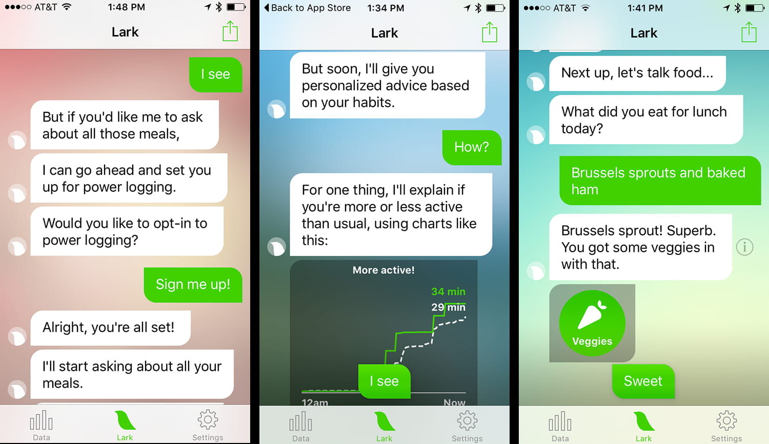 Tre schermi che mostrano una chat nell’applicazione di salute di Lark