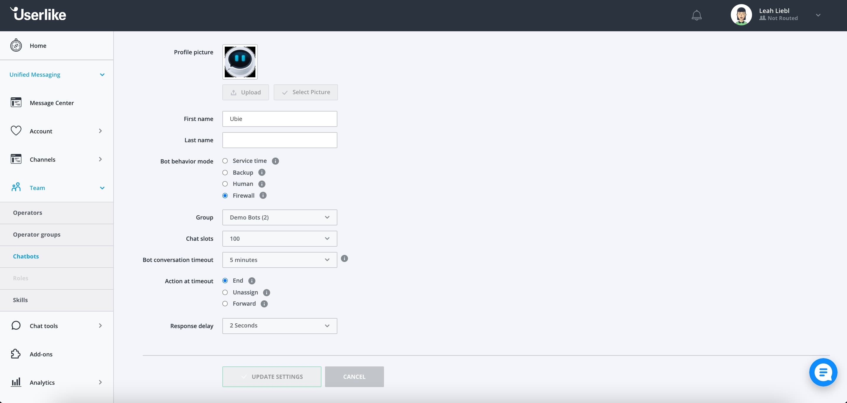 Uno screenshot delle impostazioni di Ubie nella Dashboard di Userlike