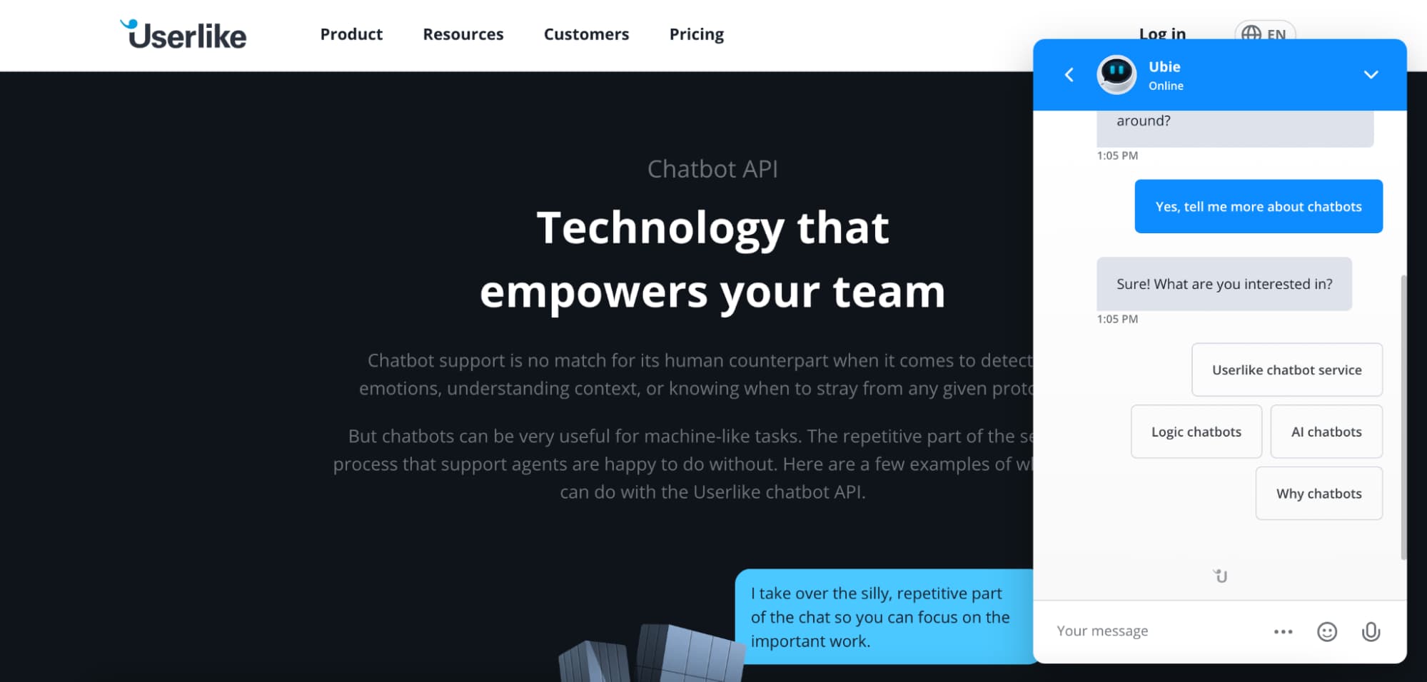 Uno screenshot della pagina di chatbot di Userlike con una conversazione con Ubie