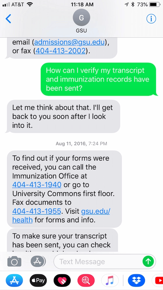 Screenshot of conversation with GSU chatbot about immunization records