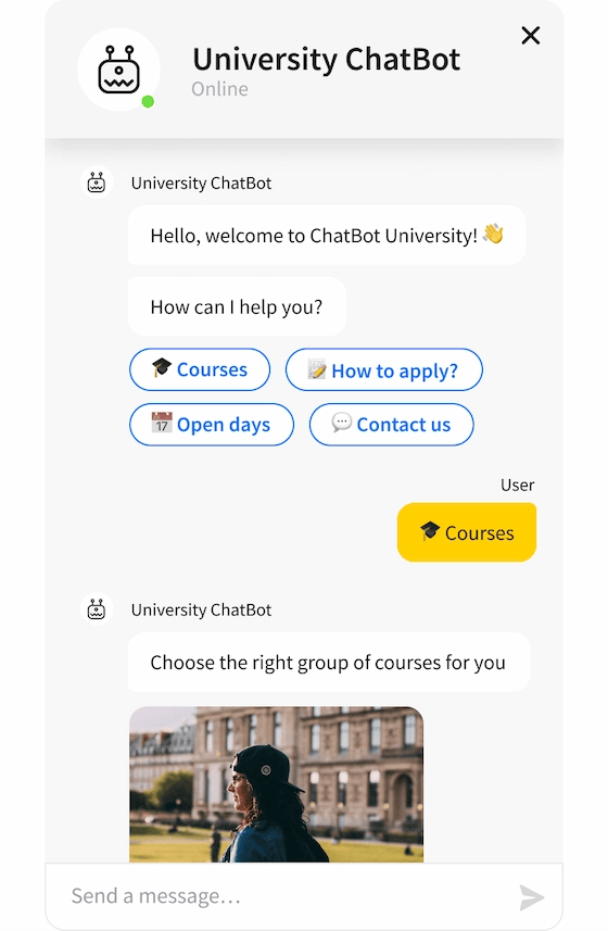 Example welcome message from a university chatbot